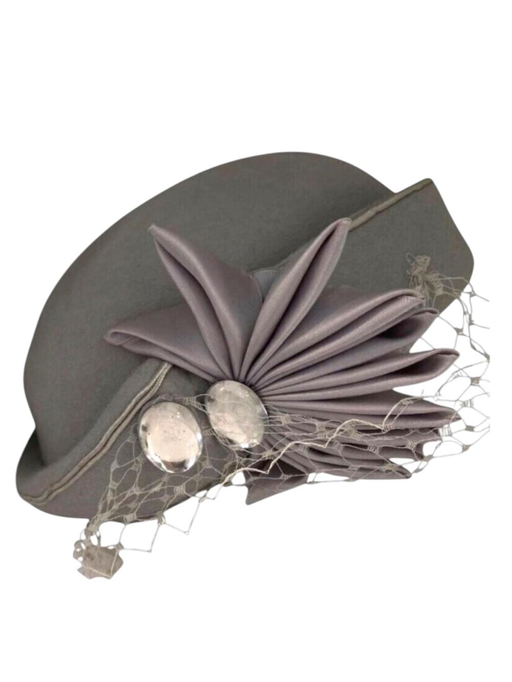 Vintage Anita Pineault Gray Felt Hat With Satin Bow Netting & Rhinestone Accents